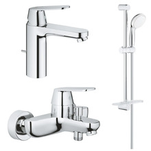 Комплект смесителей Grohe Eurosmart Cosmopolitan для раковины, ванны с душевым гарнитуром и полкой, хром (1000179)